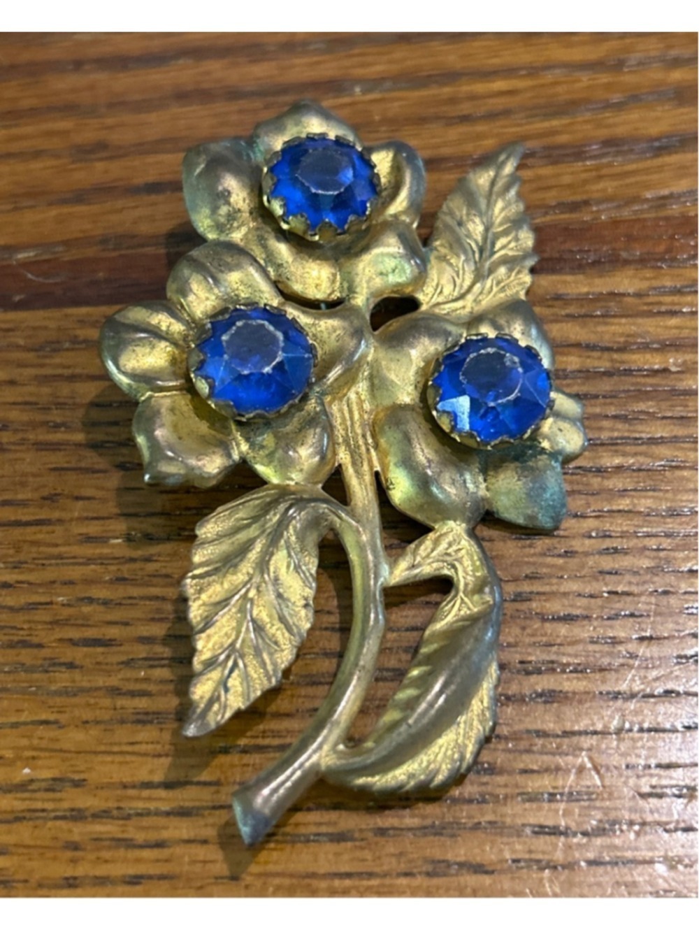 1940s Gold Vermeil Floral Brooch Blue Sapphire Glass Rhinestones Vintage Large